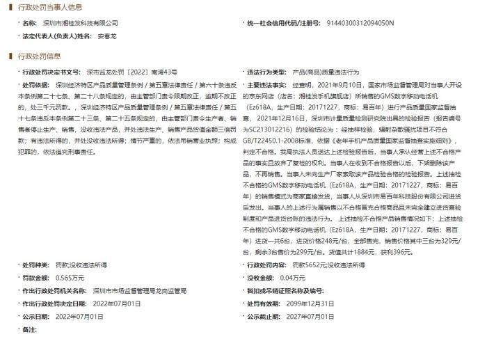 免费评书机生产商曾因老年手机质量不合格被罚