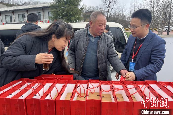 林廷洪(中)向游客推介神农架高山茶 郭晓莹 摄