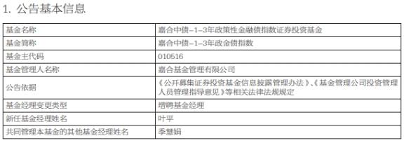 嘉合基金3只基金增聘基金经理叶平