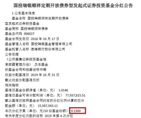 国投瑞银顺祥债券11月12日发放红利 每10份派发0.13元