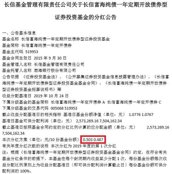 长信富海纯债一年定开债券今年首次分红