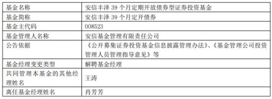 肖芳芳因个人原因离任安信基金旗下4基金