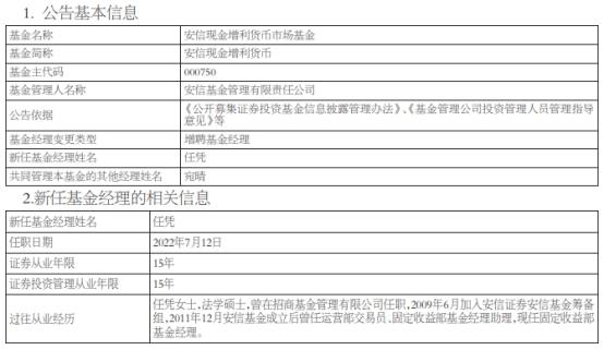 安信现金增利货币增聘基金经理任凭