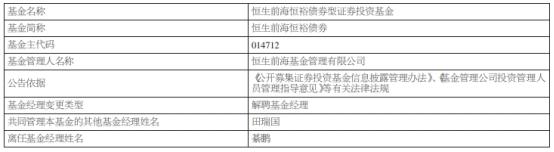 恒生前海基金綦鹏离任5只债券基金