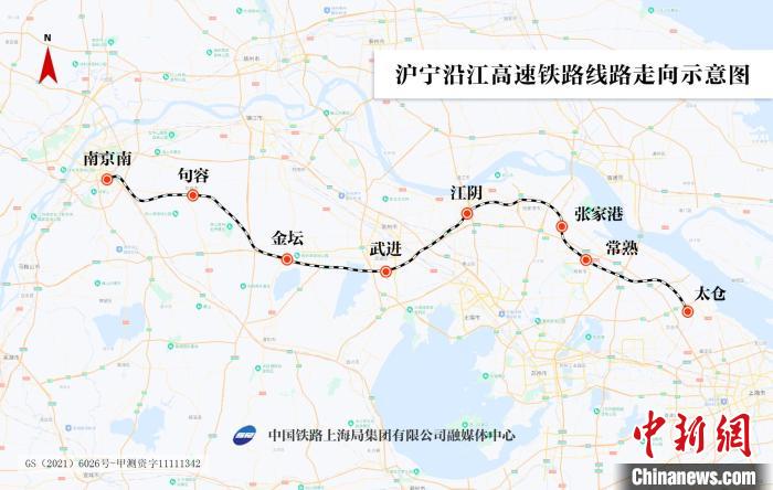 沪宁沿江高铁线路走向示意图。　殷超 制图 摄