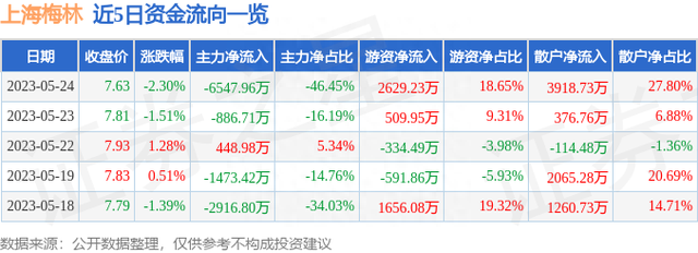 上海梅林（600073）5月24日主力资金净卖出6547.96万元