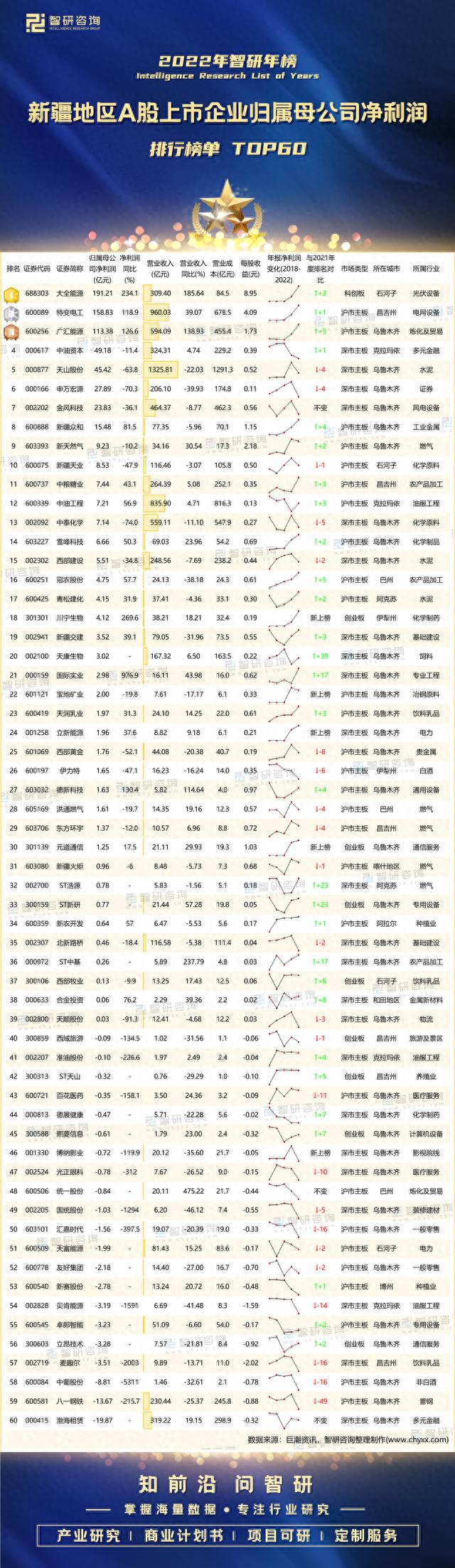 2022年新疆地区A股上市企业归属母公司净利润排行榜单TOP60