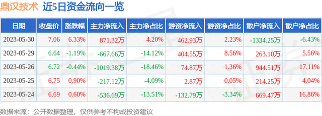 鼎汉技术（300011）5月30日主力资金净买入871.32万元