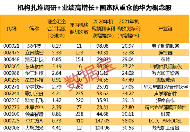 证金汇金重仓+业绩高增长的华为概念股，仅13只！机构盯上这5股