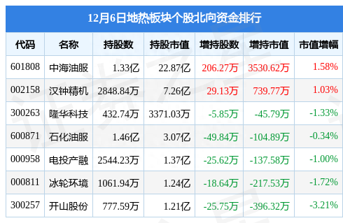 地热板块12月6日跌0.5%，石化机械领跌，主力资金净流出8027.69万元