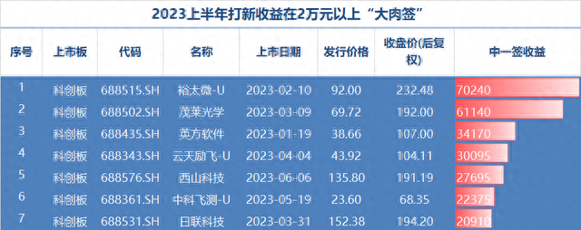 A股上半年打新收益榜出炉：26只新股中一签首日收益过万，最高可达8.8万