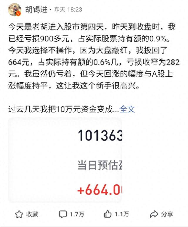 胡锡进开户入股市，一周亏损300元！股市有风险，入市需谨慎！