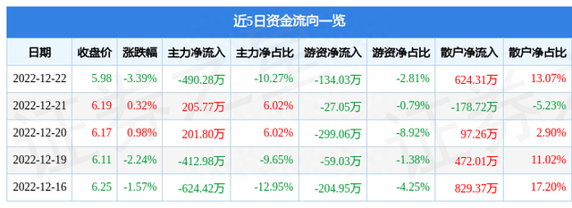 六国化工（600470）12月22日主力资金净卖出490.28万元