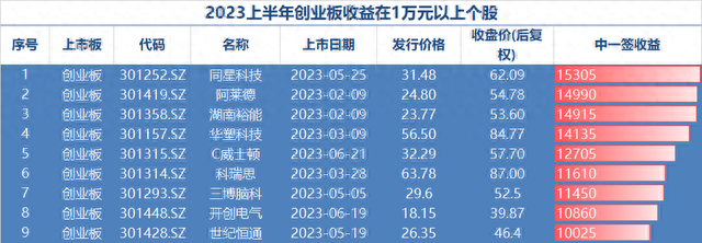 A股上半年打新收益榜出炉：26只新股中一签首日收益过万，最高可达8.8万