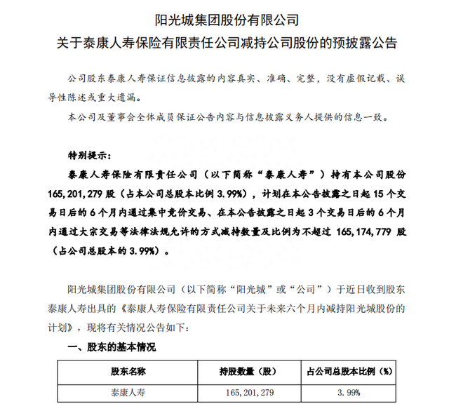 泰康人寿清仓阳光城股份背后：地产失色，险资变脸