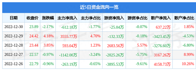 人福医药（600079）12月30日主力资金净卖出612.18万元