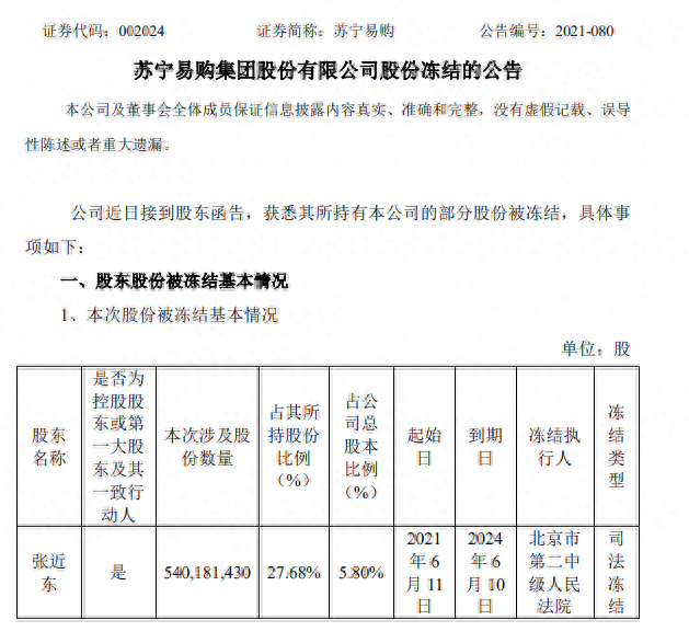 突发！张近东5.4亿股苏宁易购遭司法冻结，重要股东或被动减持近4亿股！股价一度跌停