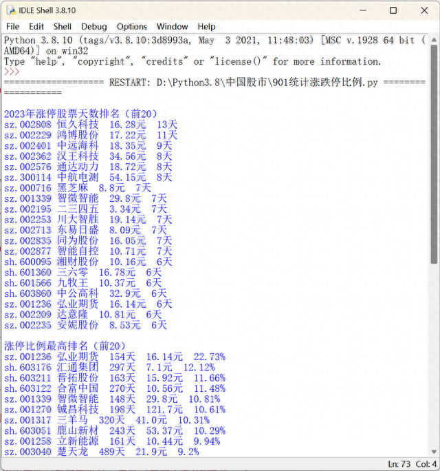 统计2023年股票涨停天数并排名，及历史涨跌停比例并排名