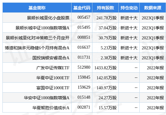 5月12日电广传媒跌8.67%，景顺长城量化小盘股票基金重仓该股