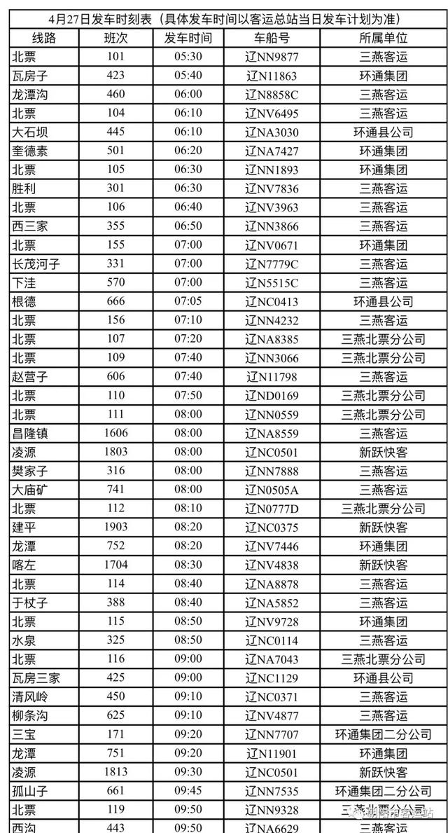 朝阳客运站4月27日起恢复部分线路班车