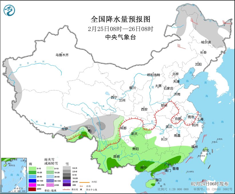 西南地区东部至长江中下游地区有阴雨 青藏高原西北地区东部等地有雨雪天气